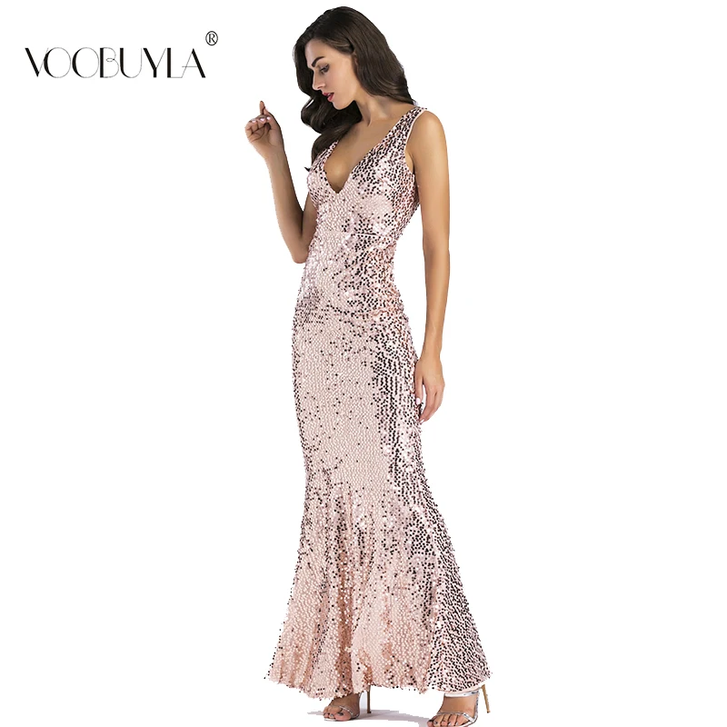 

Voobuyla Women Evening Party Club Elegant Dress 2019 Female V-neck Dress Vestidos Womens Sexy Dresses Sequined Long Maxi Dress