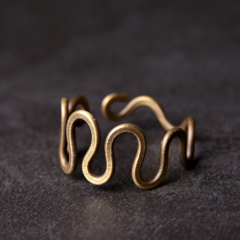 

Handcrafted Curve Vintage Process Solid Copper Ring THE FREEDOM Size Adjustable Wave Retro Punk Unisex Street Male Female