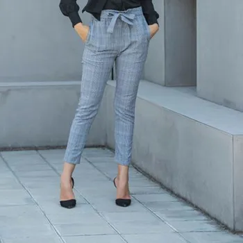 

Autumn Spring Women Pencil Pants Plaid Empire Bodycon Female Safari Style Trouser Drawstring Office Lady Ankle-Length Pants