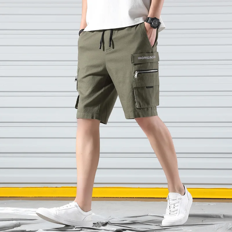 TFETTERS Men Safari Style Knee Length Shorts Summer Straight Low Solid Shorts Men Casual Cotton Drawstring Ropa De Hombre 2019