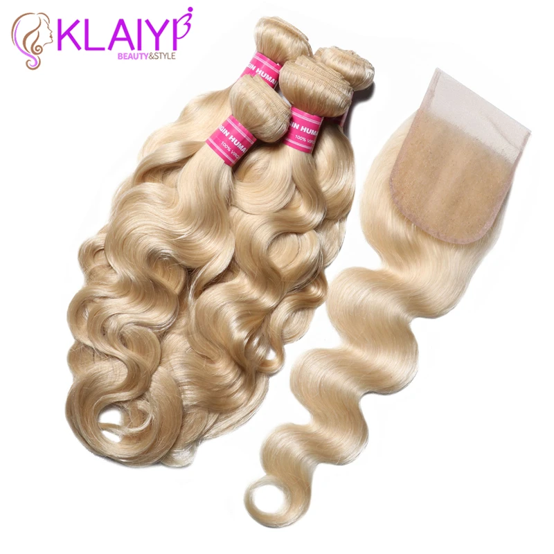 Klaiyi волосы бразильские человеческие пучки с закрытием #613 волнистые Remy Weave 4 пучка
