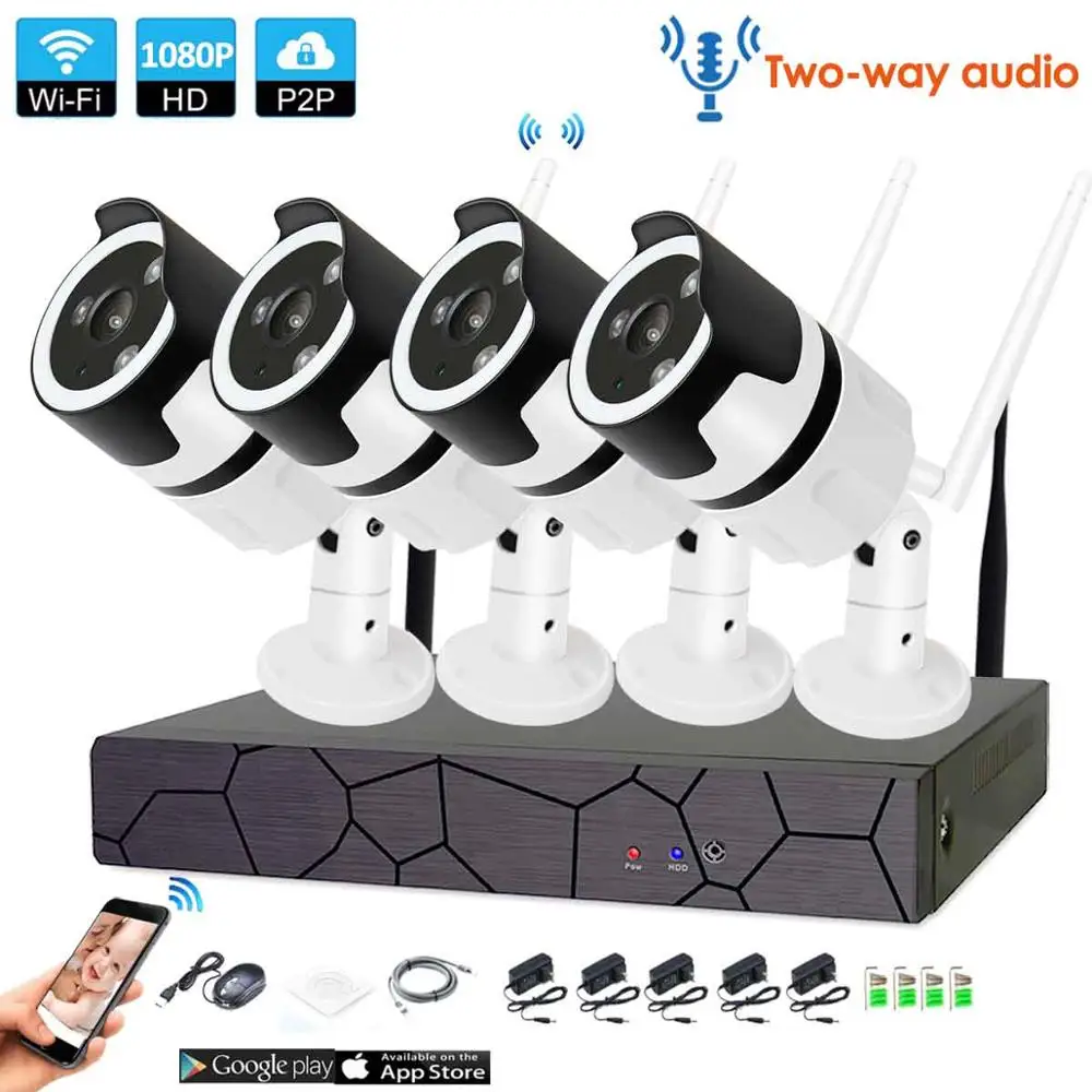 

4CH audio talK HD Wireless NVR Kit P2P 1080P Indoor Outdoor IR Night Vision Security 2.0MP IP Camera WIFI CCTV System
