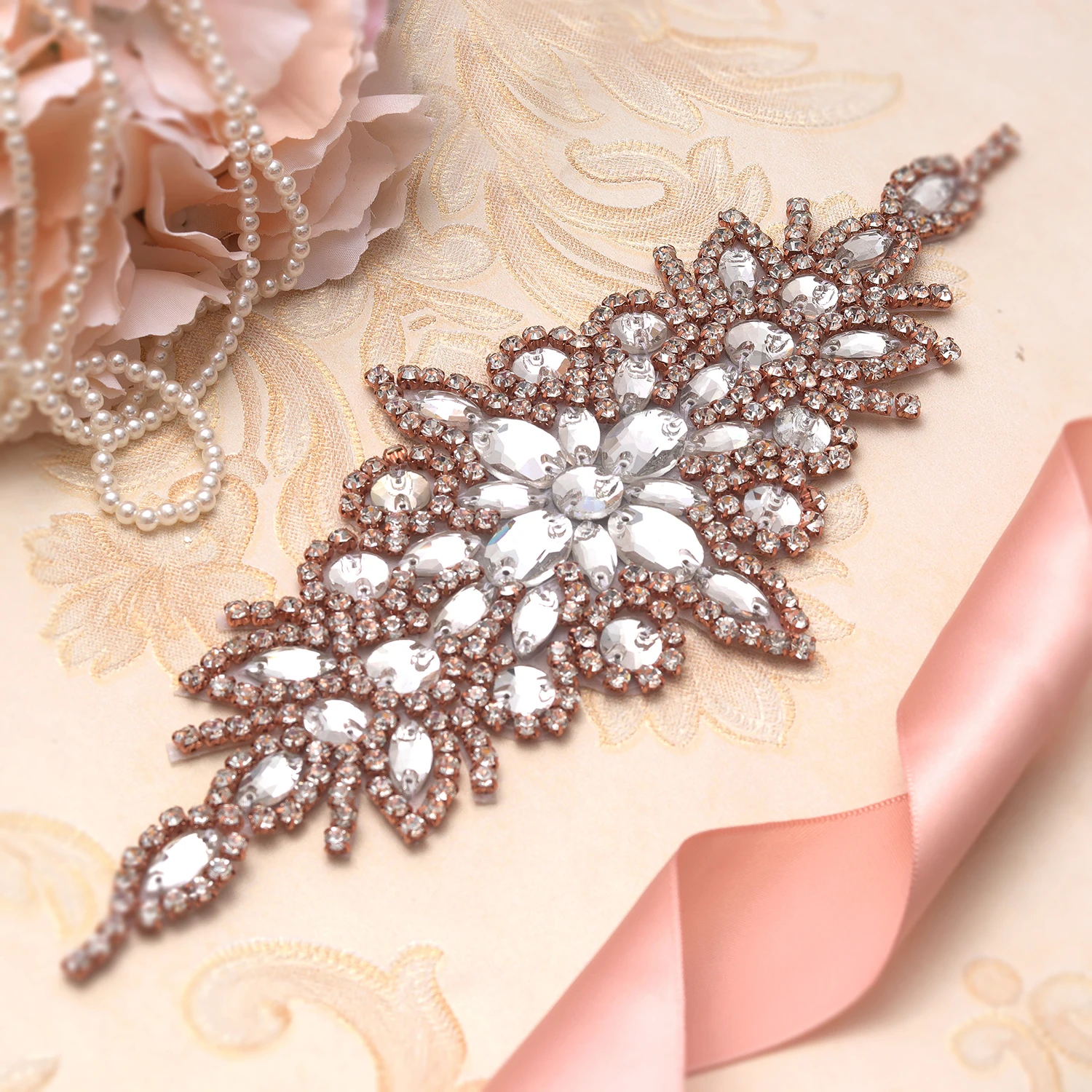 

MissRDress Sparkling Rhinestones Wedding Belt Rose Gold Crystal Bridal Belt Embellished Sash For Wedding Party Long Dress JK855