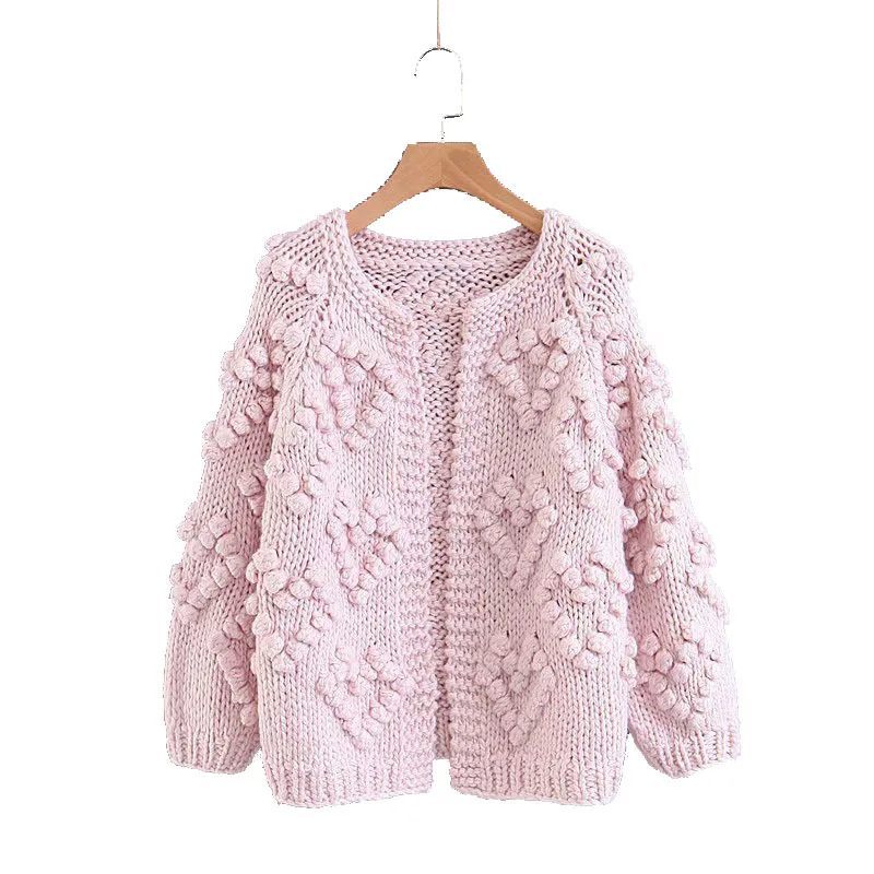 

Hot Autumn Chic Solid Color Loose 3d Ball Deco Heart Pattern Sweater Ladies O Neck Open Stitch Sweet Sweaters Cardigan Tops