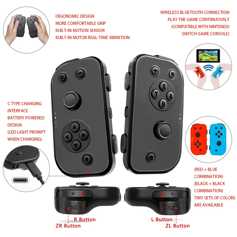 Топ левый и правый беспроводной игровой контроллер Bluetooth геймпад для Nintendo Switch NS Joycon игровой коммутатор консоль с кабелем type C