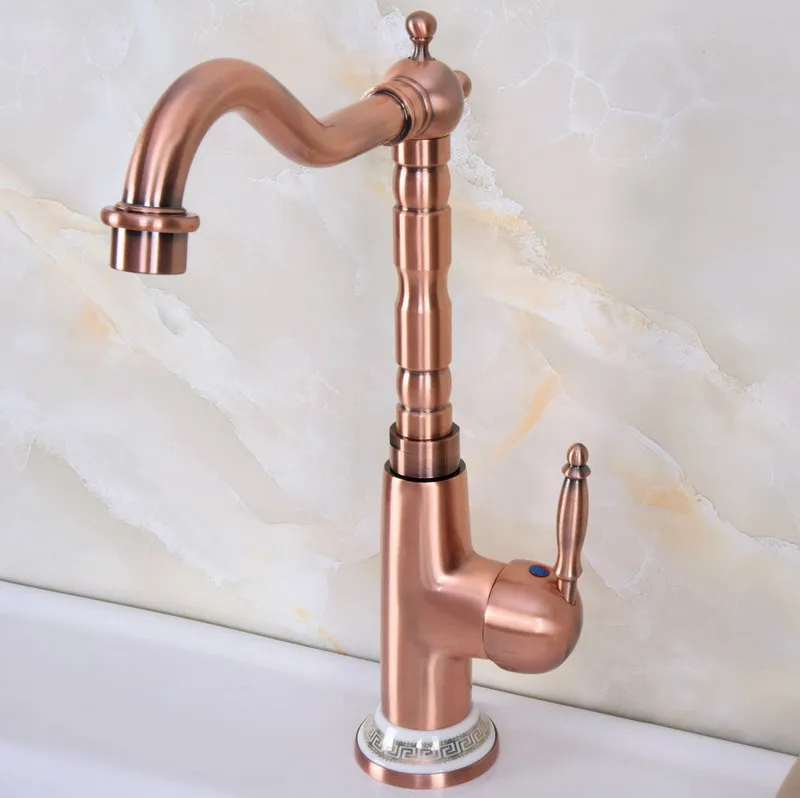 Antique Red Copper Brass Ceramic Base Kitchen Wet Bar Bathroom Vessel Sink Faucet Single Hole Swivel Spout Mixer Tap anf626