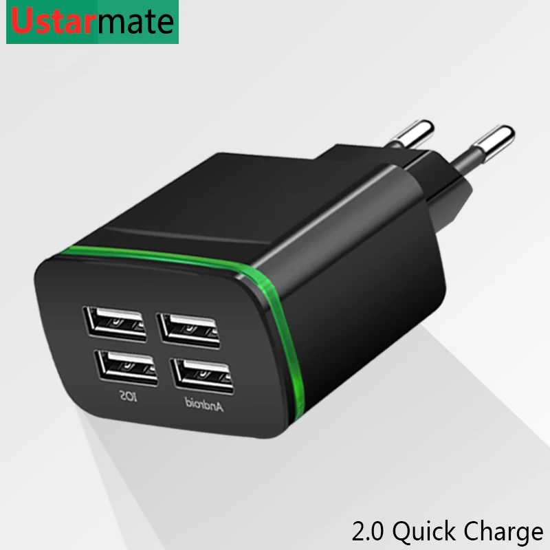 

4 USB Wall Charger EU Plug Fast Charging Travel Charger Adapter for iPhone iPad Samsung Android Type-C Cable Phone Chargers