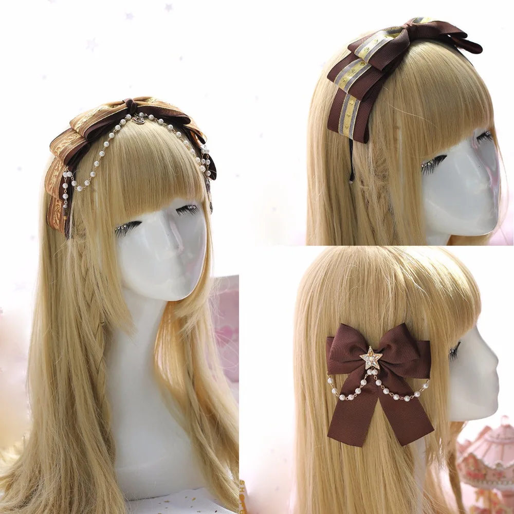 

Gothic Japanese Lolita Brown Headwear Kawaii Princess Bowknot Hairpin Pearl Chain Decorate Hair Hoop Accessories Vintage Women