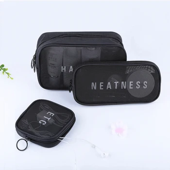 

3pcs/set Fashion Women Travel Cosmetic Bag Set Makeup Mesh Black Toiletry Bags Men Wash Organizer Portable Pouch Case