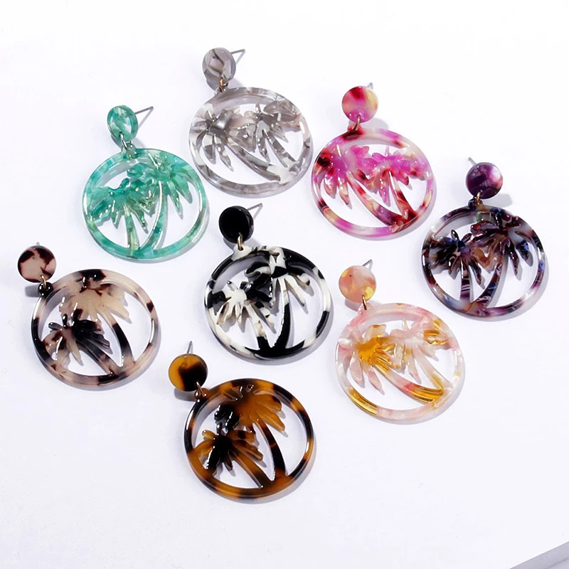 

Fashion Design Hollow Coconut Palm Tree Dangle Earring Charm Round Resin Circle Colorful Leopard Print Acrylic Earring For Women
