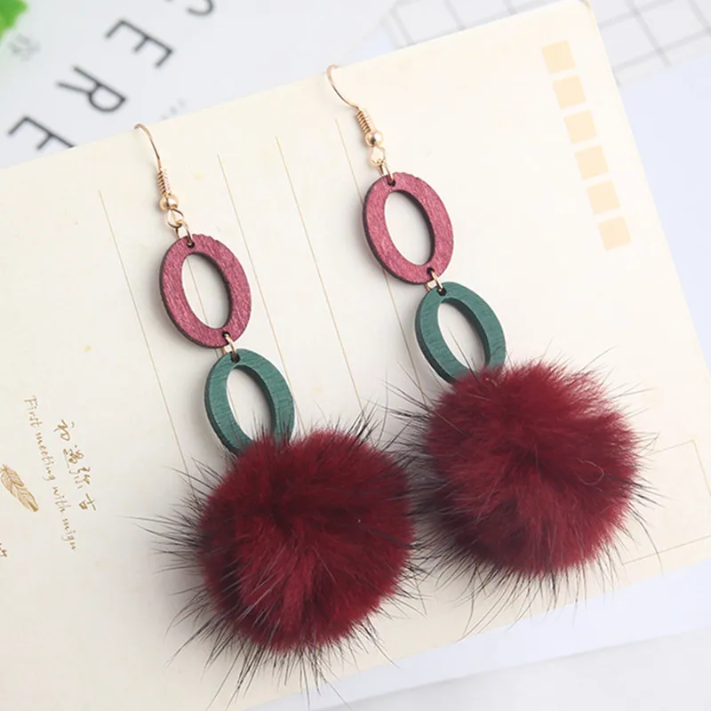 New Long Wood Circle Cotton Fur Ball Pendant Earrings for Women Trendy