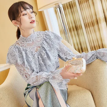 

Ladies Tops 2019 Spring Summer New Women's Fashion Elegant Ruffled All Matched Solid Color Stand Collar Long Sleeved Lace Blouse