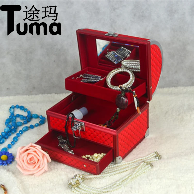 

Girl's Make Up Earrings Storage Case Upscale Alloy Travel Suitcase Red Pu Leather Jewelry Box For Woman Christmas gift