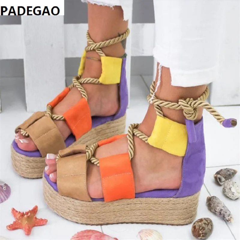 

Explosion style sandals female 2019 new color matching hemp rope foot ring strap sandals 35-43 large size women's shoes