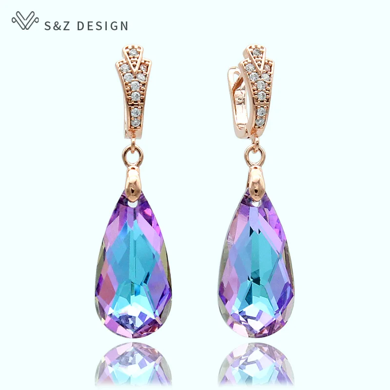 S&Z New 6 Colorful Imitation Crystal Long Water Drop Dangle Earrings 585 Gold Color For Women Wedding Party Gift Jewelry
