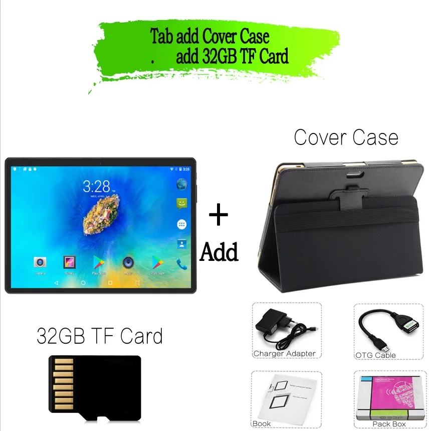 Tab Card Cover Case 10 дюймов, четырехъядерный процессор, 10 дюймов, 2G, GSM, 3G, телефонный звонок, Android, планшетный ПК, Android 6,0, 4 Гб ram, 32 ГБ rom, WiFi, FM, Bluetooth, 4G+ 32G - Комплект: Tab Card Cover Case