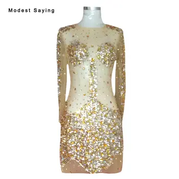

Sexy Gold Luxury Straight Crystal Long Sleeve Party Cocktail Dresses 2017 with Rhinestone Prom Gowns vestidos de coctel YC53