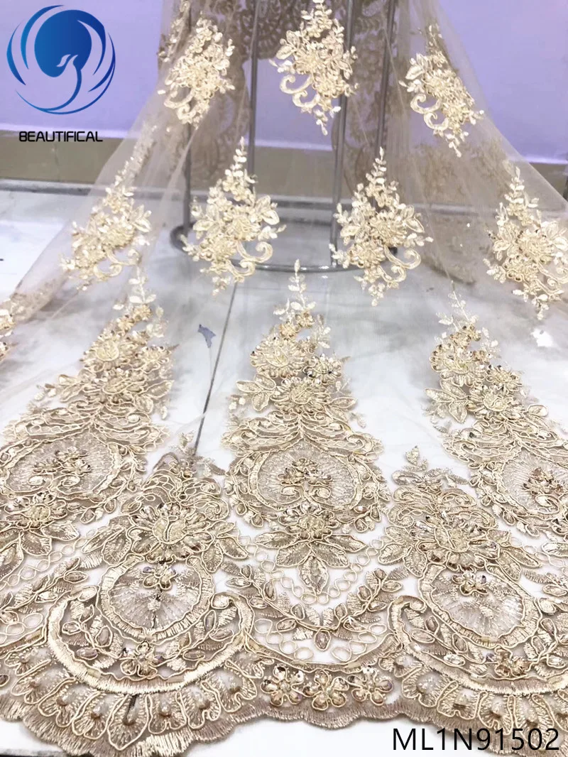 

Beautifical french lace fabrics Latest style embroidery net lace with beaded 5yards/lot nigerian lace sequins fabric ML1N915