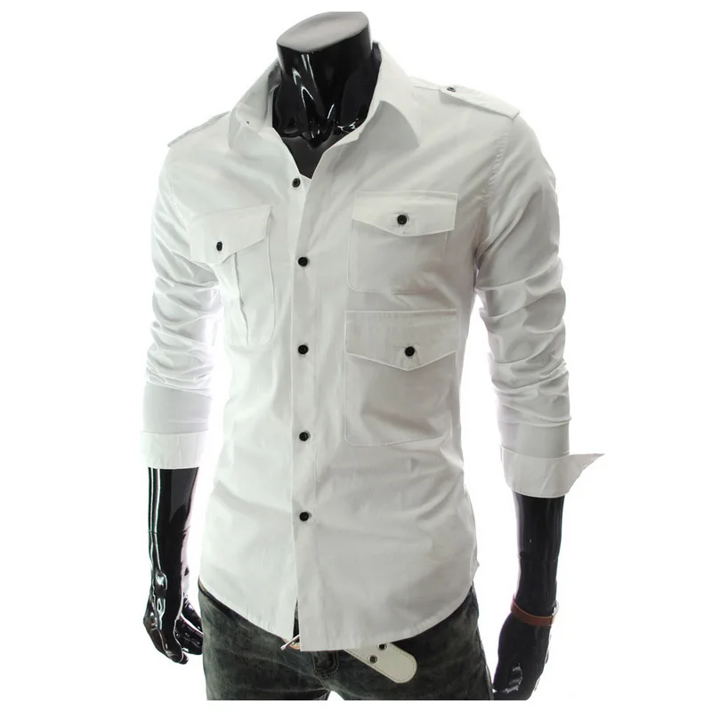 Высокое качество модные весенние осенние повседневные деловые приталенные вечерние рубашки с карманами, мужская одежда - Цвет: Белый