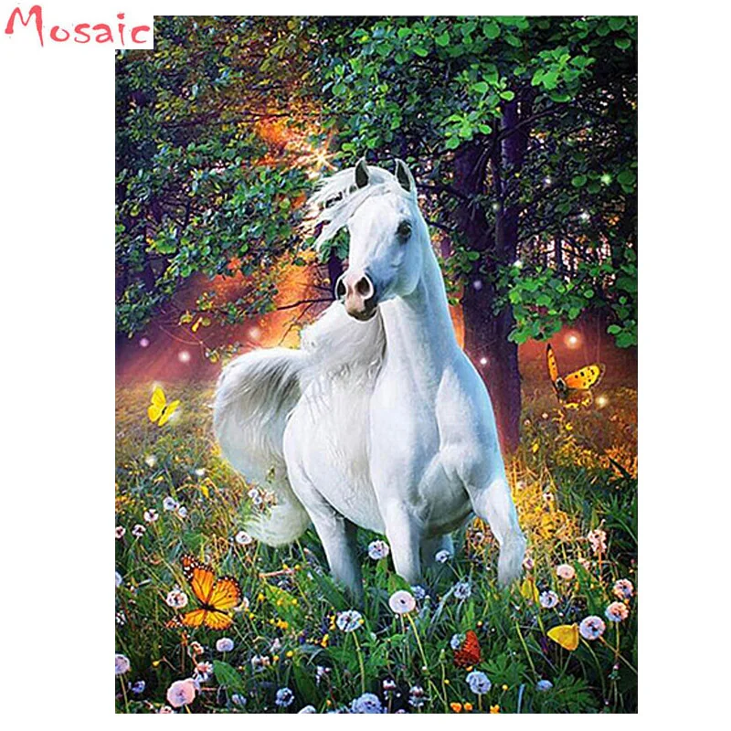 

Diy Diamond Painting Cross Stitch kits white horse,animal,flower, 5D Square Diamond Mosaic Home Decor Full Diamond Embroidery