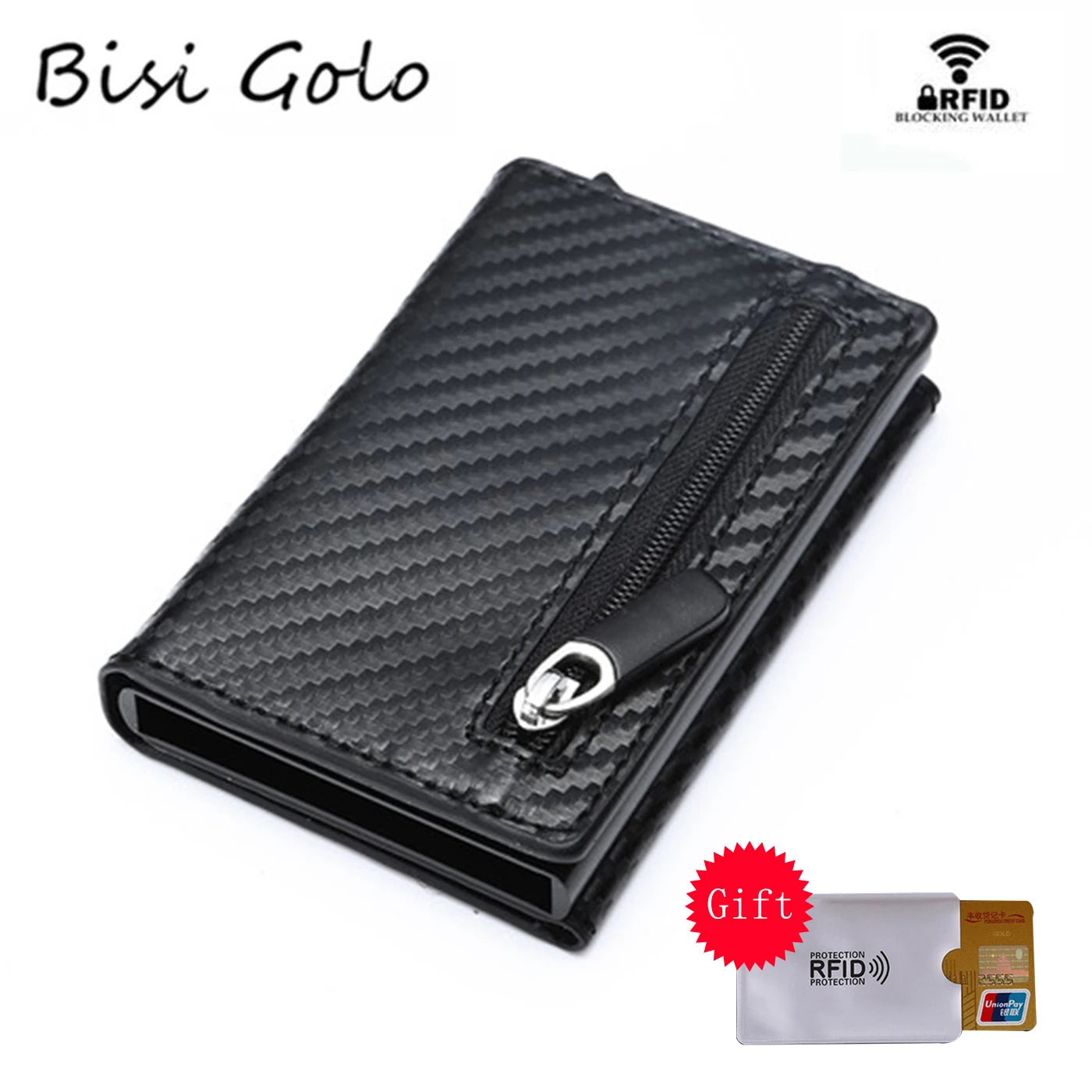 

BISI GORO New RFID Wallet 2019 Antitheft Aluminum Box ID Card Holder PU Leather Pop Up Card Case Magnet Carbon Fiber Coin Purse