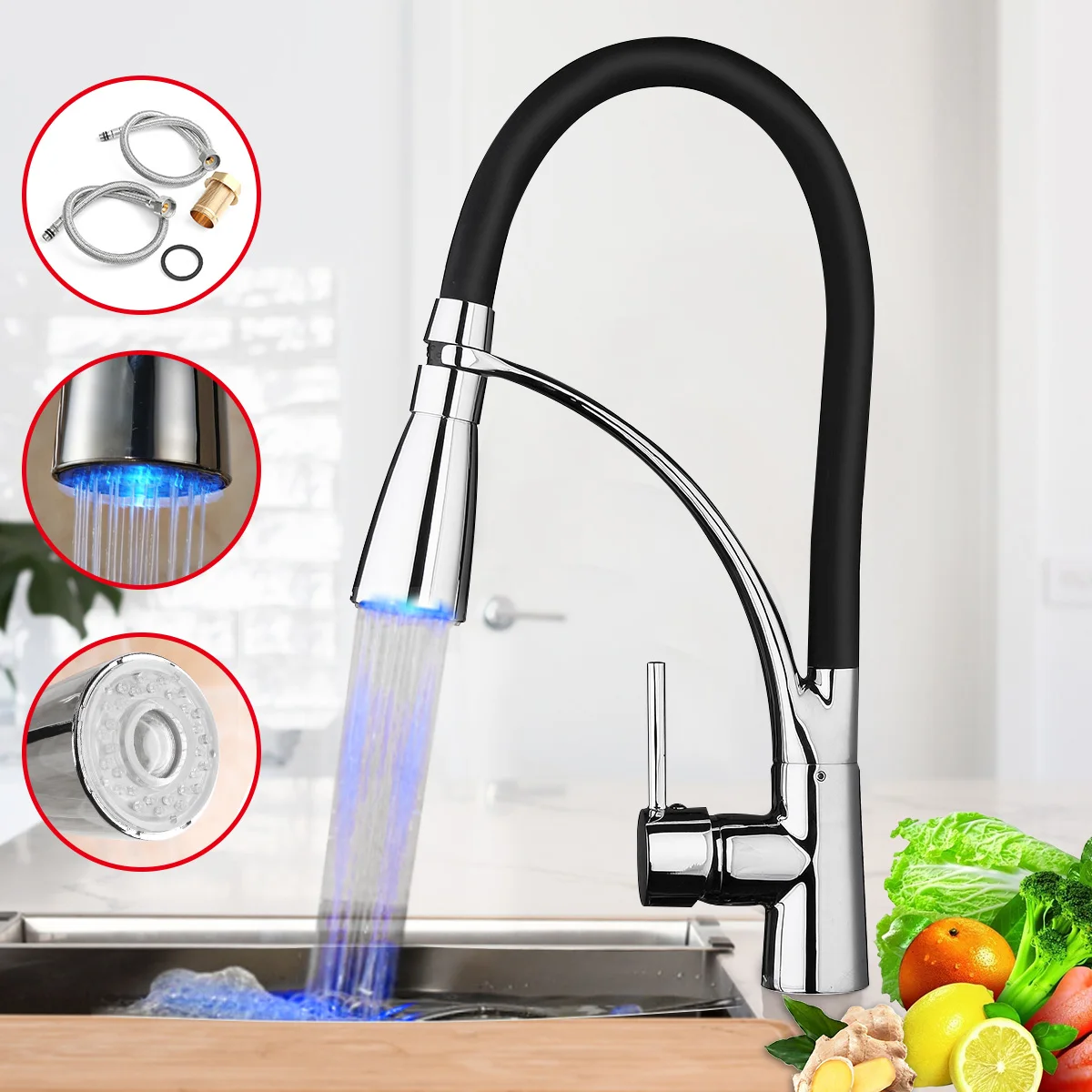 

Modern LED Hole Kitchen Spring Faucet Cooper Sink Mixer Tap Single Handle With Sprayer For Home Kitchen Bathroom
