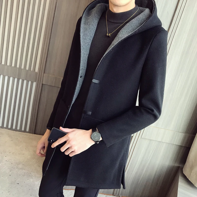 Mens Hooded Trench Coats Long Black Coat Mens Casaco Longo Masculino ...