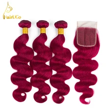 HairUGo Hair Pre-colored Malaysia Human Hair Body Wave Bug Color 3 Bundles With Closure Non Remy Hair Extensions Free Shipping