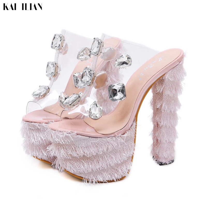 

Super high heels Women Slippers Summer outside shoes 2019 platform feather Sandals transparent PVC crystal Sexy model show pump