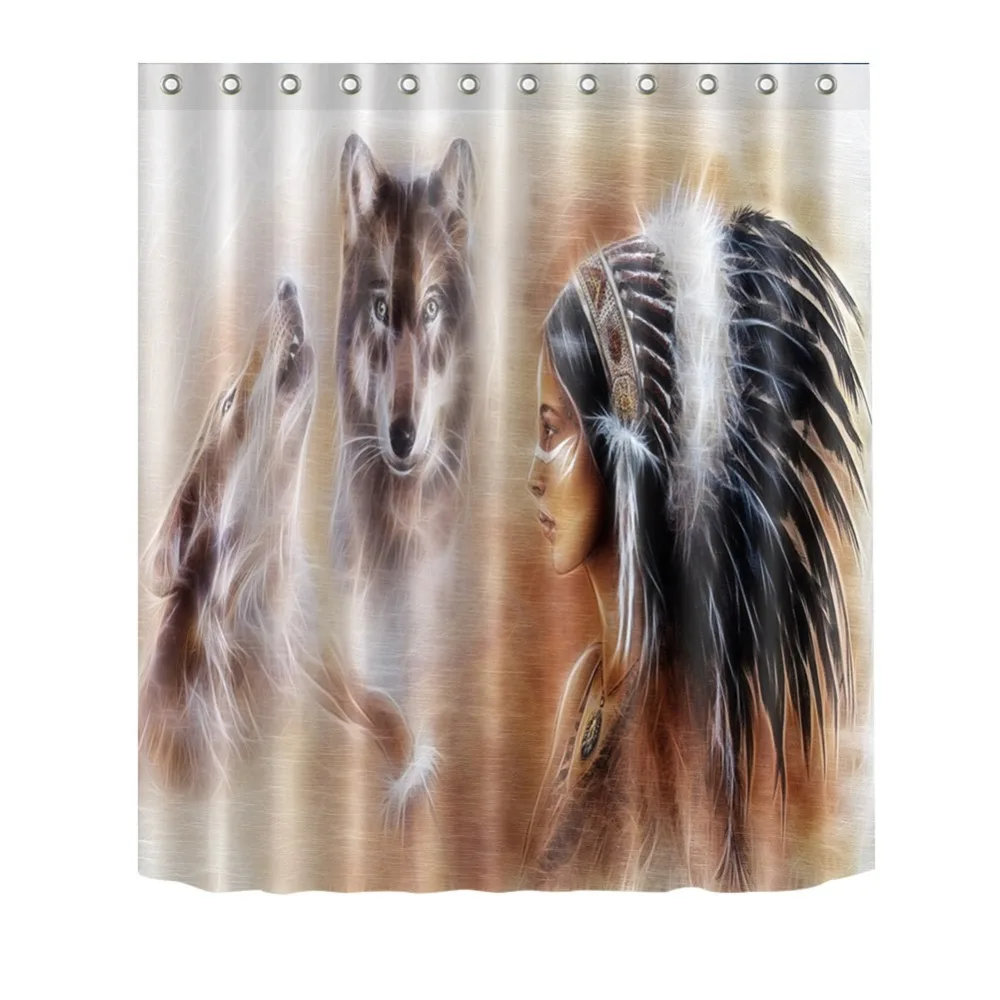 72'' Customized Bathroom Waterproof Fabric Shower Curtain Polyester 12 Hooks Bath Accessory Set Native African Girls And Wolves | Дом и
