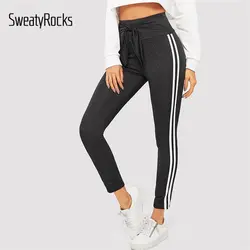 SweatyRocks черный Фитнес контрастная лента с узлом сбоку ASOS леггинсы 2019 Повседневное тренировки брюки весна Для женщин тонкие эластичные