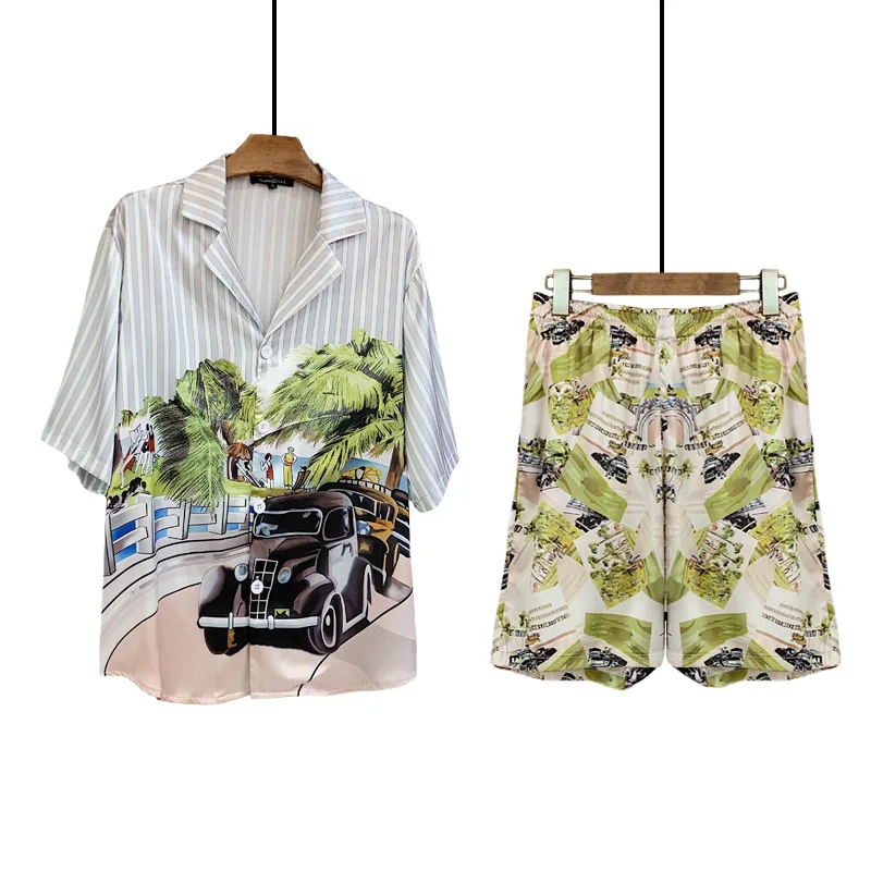 

Short suit 2019 spring and summer new holiday wind car beach alignment printing stripe two-piece suit women