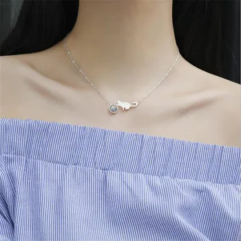 

New Exquisite Cat Moonstone Female Fashion Jewelry 925 Sterling Silver Sweet Fresh Crystal Clavicle Chain Pendant Necklaces N457