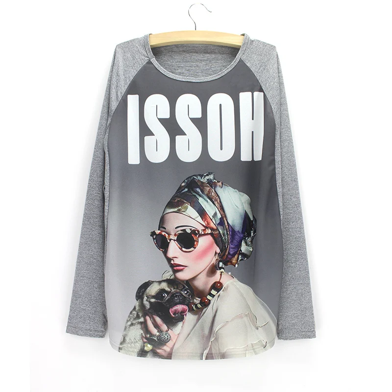 2015 mrs clothingfemme french bull dog длинный рукав круглый вырез дешевые женские серые модные