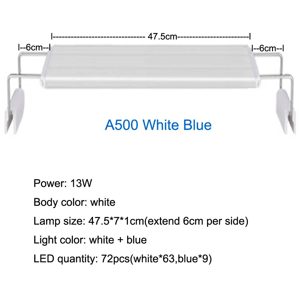 Супер тонкий светодиодный светильник для аквариума 18-58 см, Высококачественная лампа для аквариума с Выдвижная подставка, кронштейн белого и синего цвета - Цвет: A500