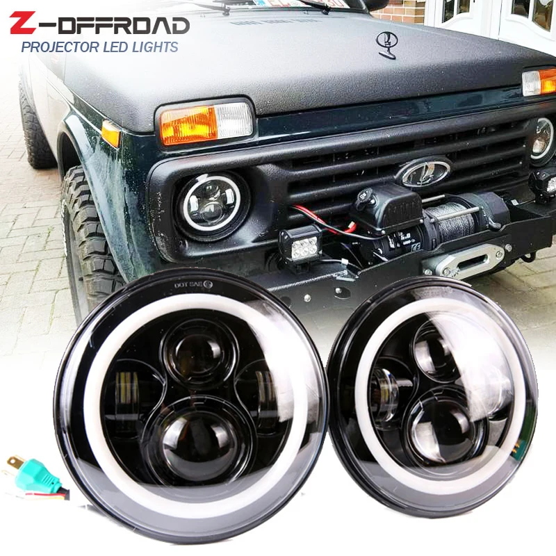 

For lada niva 4x4 7 Inch Round LED Headlights For Jeep Wrangler JK LJ TJ CJ DJ H4 45W Cold White HALO&Turn Signal & DRL Headlamp