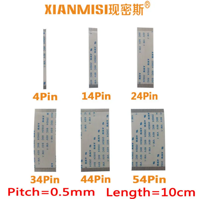 

FFC/FPC Flat Flex Cable 4Pin 14Pin 24Pin 34Pin 44Pin 54Pin Same Side 0.5mm Pitch AWM VW-1 20624 20798 80C 60V Length 10cm 5PCS