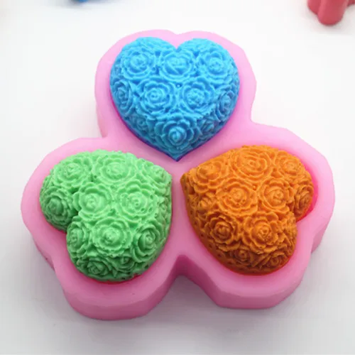 Craft 3-connected Heart Shape Rose Pattern Silicone Soap Mold DIY Bath Salt Soap Molds