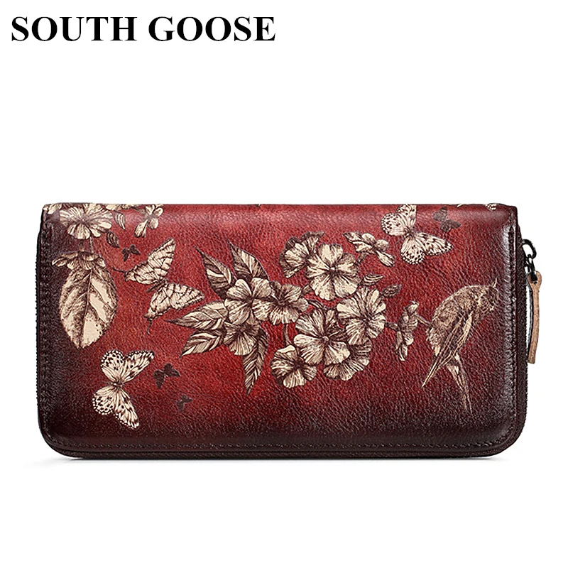 

SOUTH GOOSE New Cowhide Leather Women Wallets Retro Long Clutch Wallets Lady Printing Floral Cell Phone Bag Coin Purse Money Bag