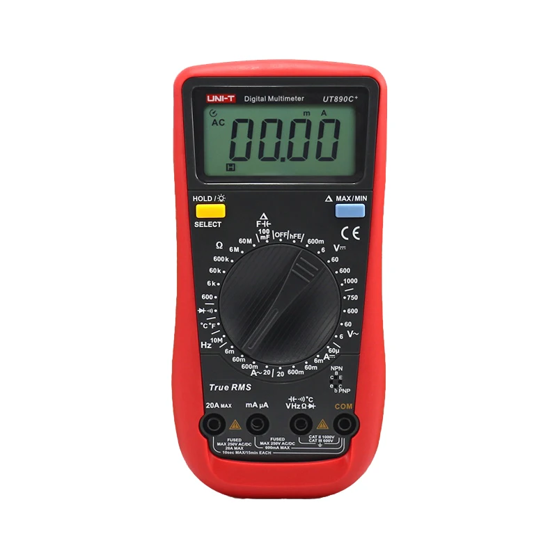 

UNI-T UT890C+ True RMS Digital Multimeter Ammeter Ohm Capacitance Tester C/F Temperature Universal Meter LCD Count 6000 Meter