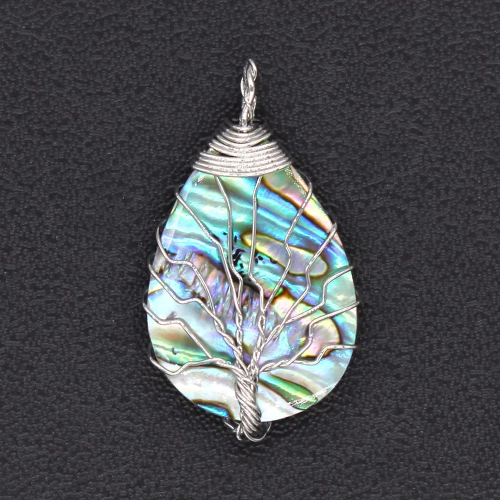 

Kraft-beads Popular Silver Plated Wire Wrap Abalone Shell Water Drop Pendant Tree of Life Jewelry
