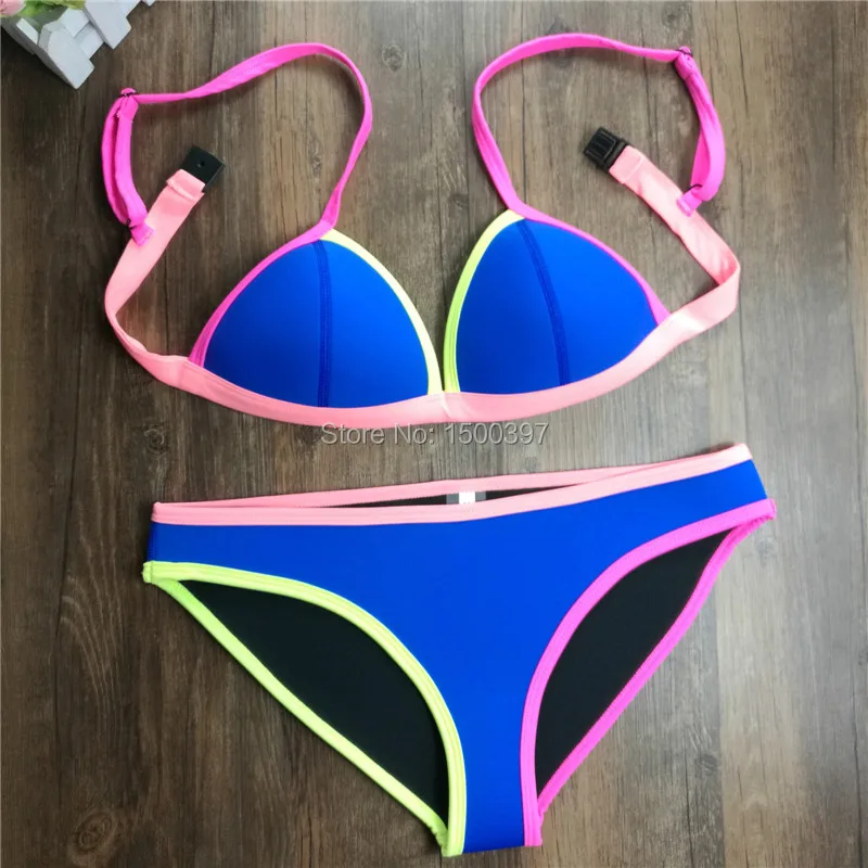 

2016 New arrival sexy triangle neoprene bikini set women brand swimwear neon color bandage brazilian NEOPRENE swimsuit