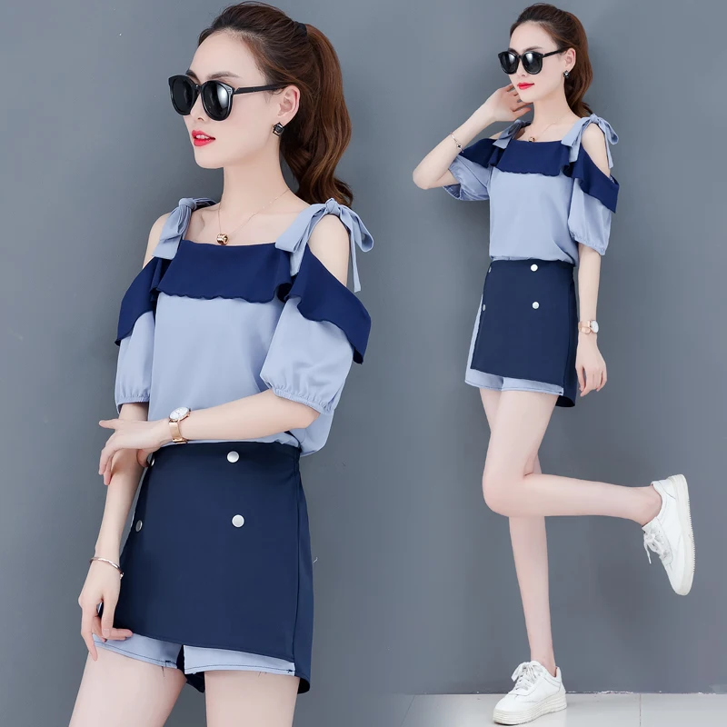 

new popular off-the-shoulder summer half sleeve blouse top & shorts women two-piece skirt suits spring vestidos outfit chiffon