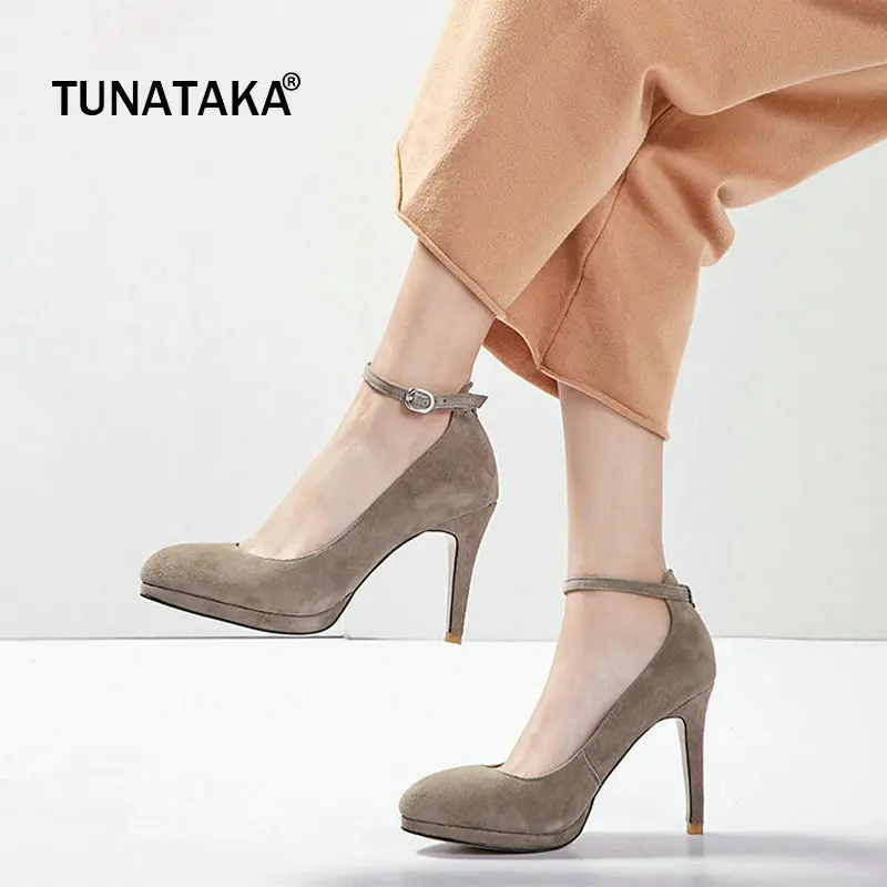 

Suede Platform Thin High Heel Buckle Woman Pumps Fashion Pointed Toe Dress High Heel Shoes Ladies Black Gray