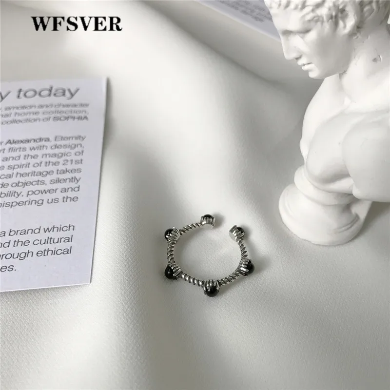 

WFSVER 925 sterling silver ring for women vintage chain with black agate opening adjustable personality rings fine jewelry gift
