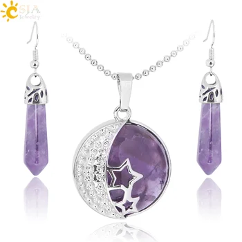 CSJA Classic Love Gift Summer Beach Jewelry Set Moon Stars Natural Purple Stone Pendants Necklace Hook Dangle Drop Earring E385