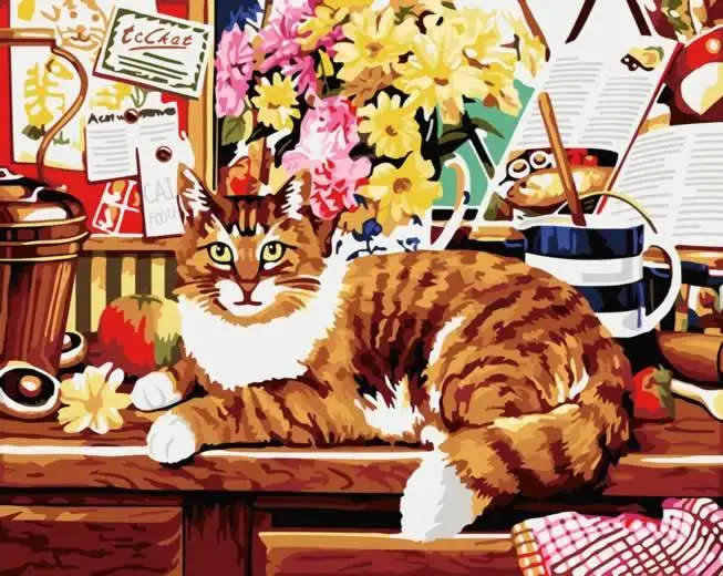 

Frameless Cat on Book Desk DIY Paint by Number oil Canvas painting By Numbers Wall picture living room paint by numbers 40x50cm