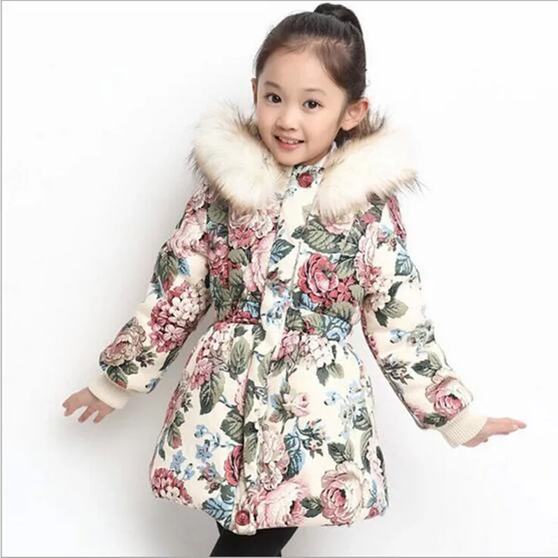 2020 Новое модное зимнее пальто с цветочным принтом для девочек теплая куртка