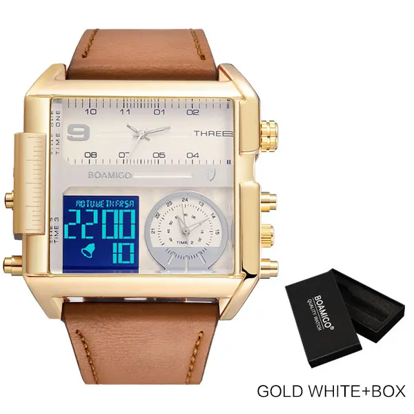 new gold white box Мужские крупные военные наручные часы BOAMIGO, черного цвета, кварцевые, спортивные, с кожаным ремешком, с 3 часовыми поясами и светодиодным дисплеем - Цвет: new gold white box