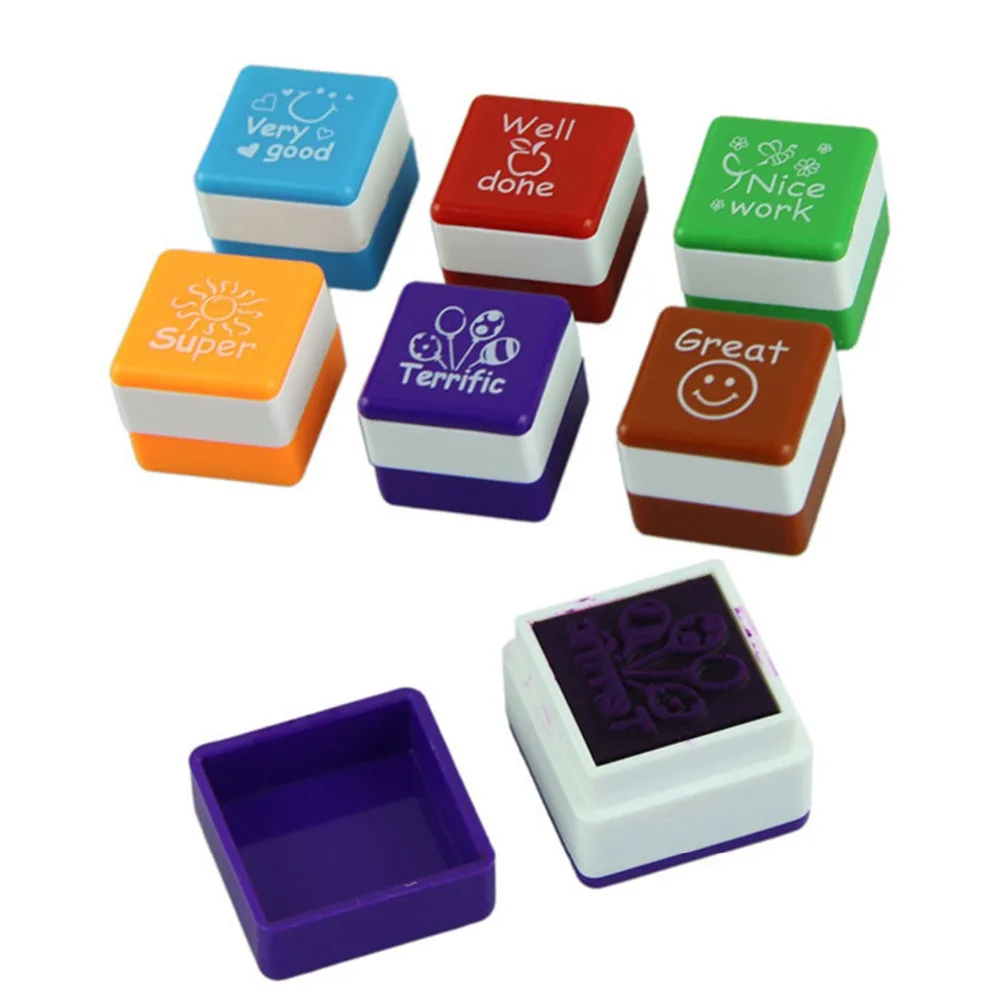 

Toy Scrapbooking Stamp 6pcs Kids Finger Painting Inkpad Vintage Crafts Ink Pad English Inking Praise Reward Stamps Drawing Toys